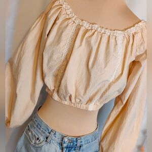 Retro nude Chambray cropped Pin Up country girl Top full sleeves minimalist S